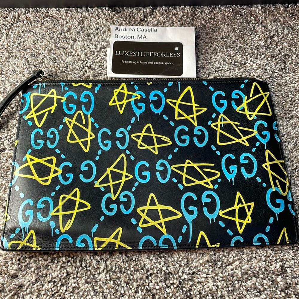 Authentic GUCCI black large leather ghost clutch pouch 8x12”